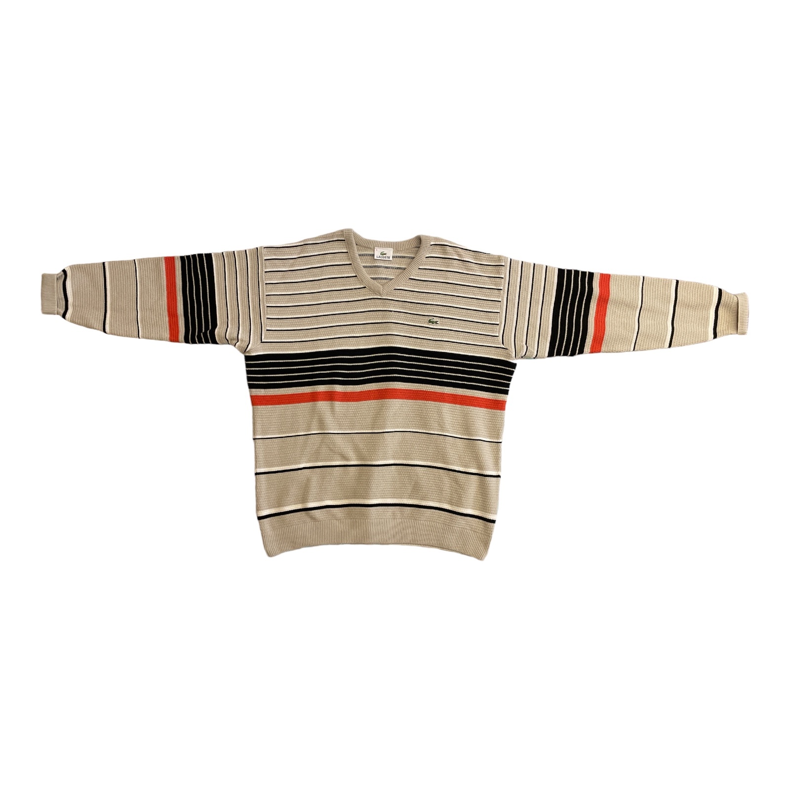 LACOSTE_Mens_V-Neck-Jumper-Sweater-Size-5-Large-Beige-with-black-stripes-Wool_Front LACOSTE_Mens_V-Neck-Jumper-Sweater-Size-5-Large-Beige-with-black-stripes-Wool_Front