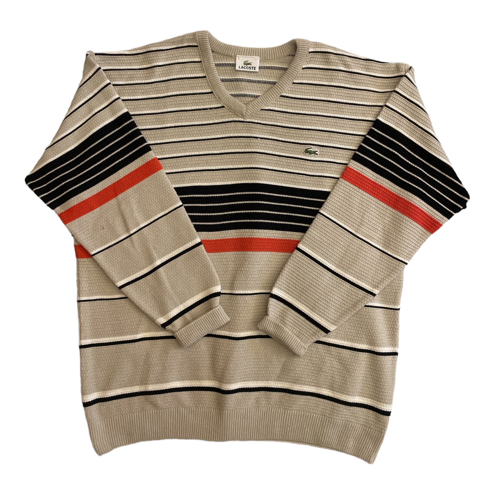 LACOSTE_Mens_V-Neck-Jumper-Sweater-Size-5-Large-Beige-with-black-stripes-Wool_Front LACOSTE_Mens_V-Neck-Jumper-Sweater-Size-5-Large-Beige-with-black-stripes-Wool_Front_2