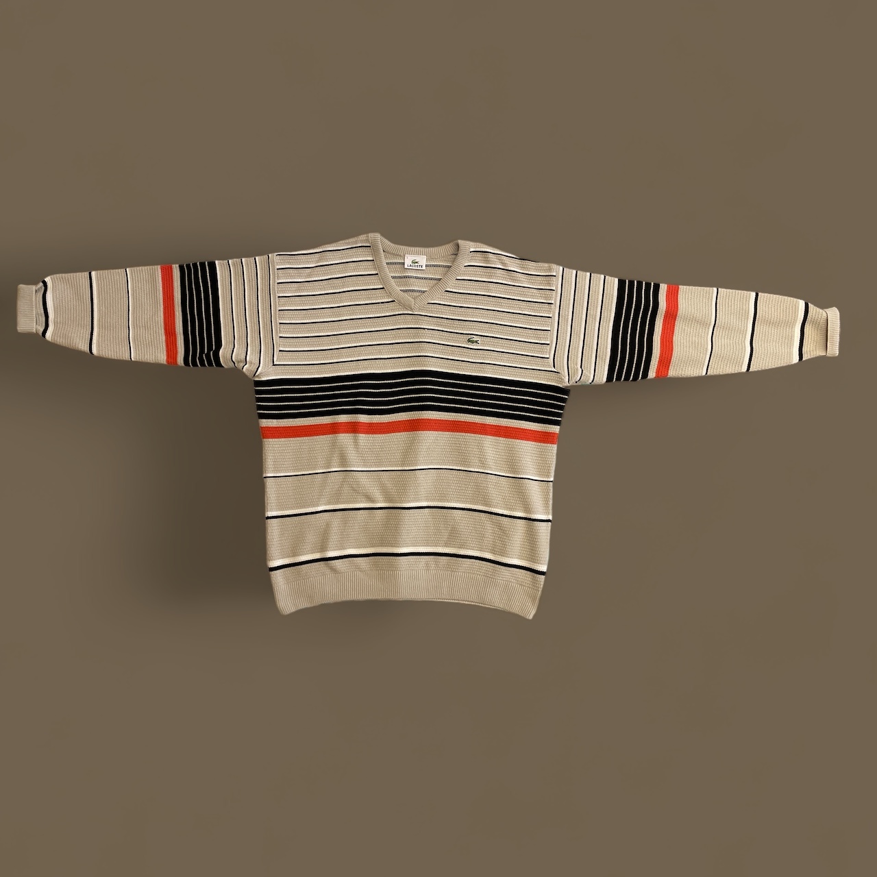 LACOSTE_Mens_V-Neck-Jumper-Sweater-Size-5-Large-Beige-with-black-stripes-Wool_Front_3 LACOSTE_Mens_V-Neck-Jumper-Sweater-Size-5-Large-Beige-with-black-stripes-Wool_Front_3