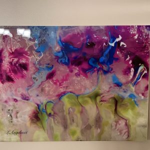 Spring meadow on wood sealed in resin