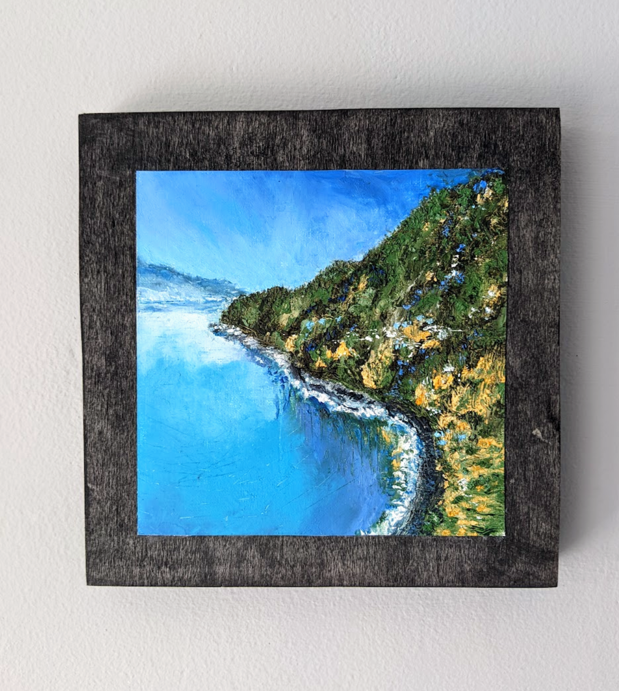 Coastal Landscape Original Painting, Oli on Paper Mounted on Wood Panel 8 x 8 x 1"