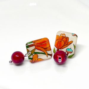Red/Purple Earrings with Hand-drawn Tulip Flowers