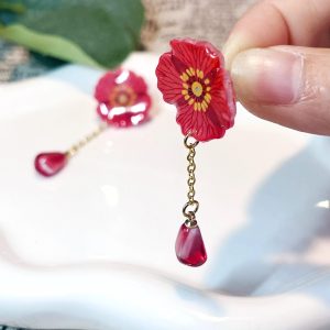Handmade Red Flower Drop Earrings with Pomegranate seed 925 Sterling Silver Earrings