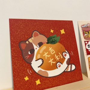 Mochi Cat with Mandarin Square Postcard | Art Print