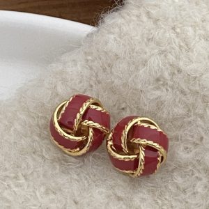 Vintage Knot Earrings - Black & Red Enamel with Embroidered Ball, S925 Silver Post, Luxe Autumn/Winter Style