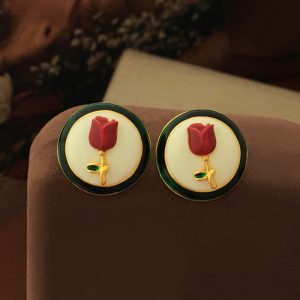 S925 Silver Post French-Style Rose Stud Earrings - Elegant Vintage Design with Bold Contrasting Colors